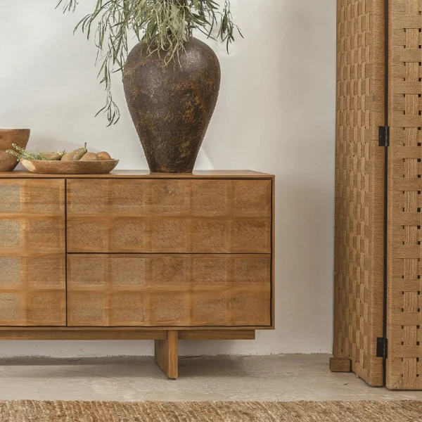 Elegant Solid Natural Teak Wood and Paper Cord Divider - Image 6