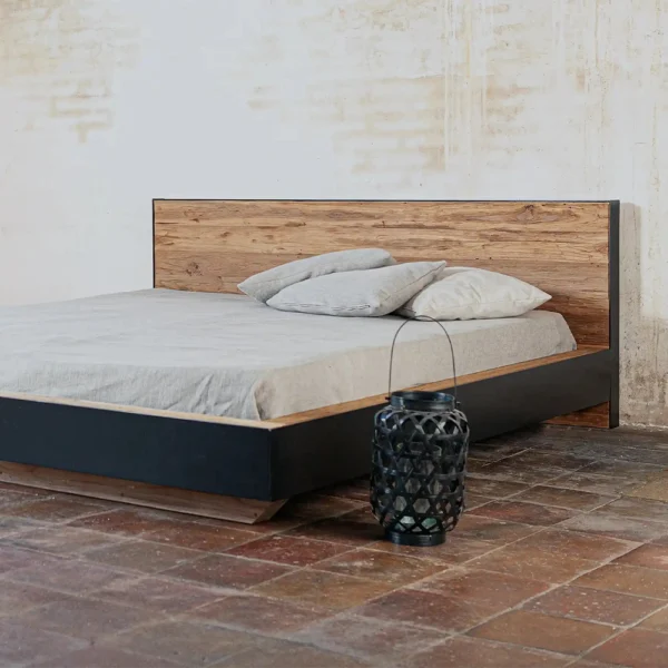Rustic Solid Natural Teak Wood Bed and Headboard with Black Iron Frame - Image 2
