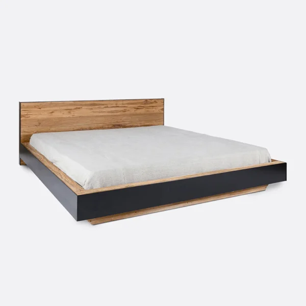 Rustic Solid Natural Teak Wood Bed and Headboard with Black Iron Frame