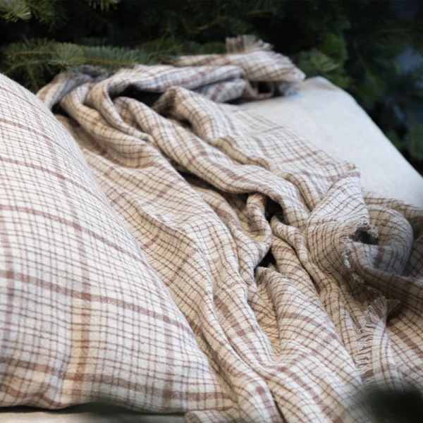 High Quality Linen with Natural and Terracota Stripes Plaid - Image 6