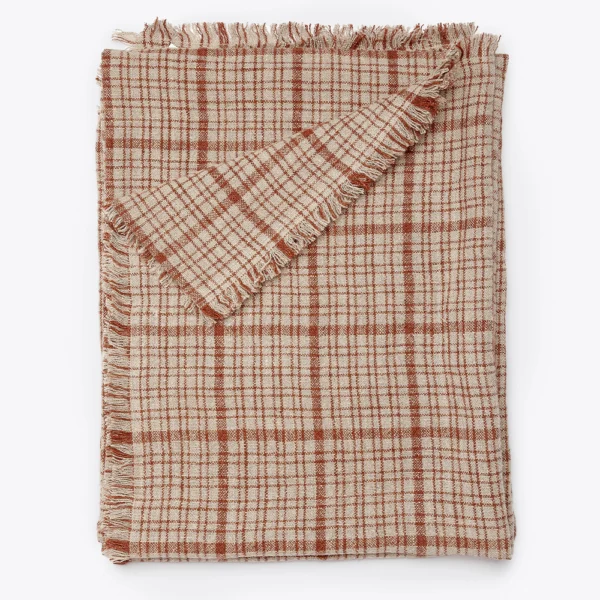 High Quality Linen with Natural and Terracota Stripes Plaid