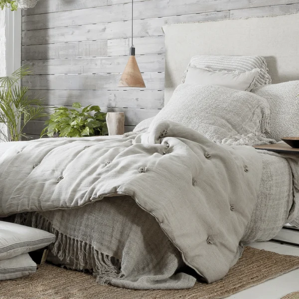 Stonewashed Natural Linen Bedspread Throw with Attractive Fringed Border – Image 3