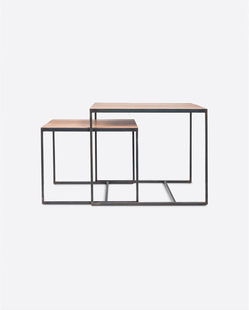 ONETWO nesting side table in recycled teak wood and iron. Set of two units - 113051