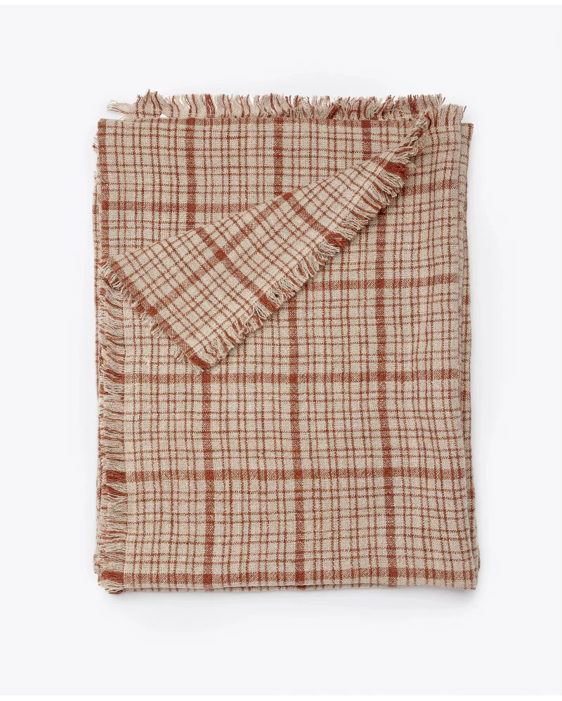 GADELA plaid in linen in natural colour with terracota stripes - 373351