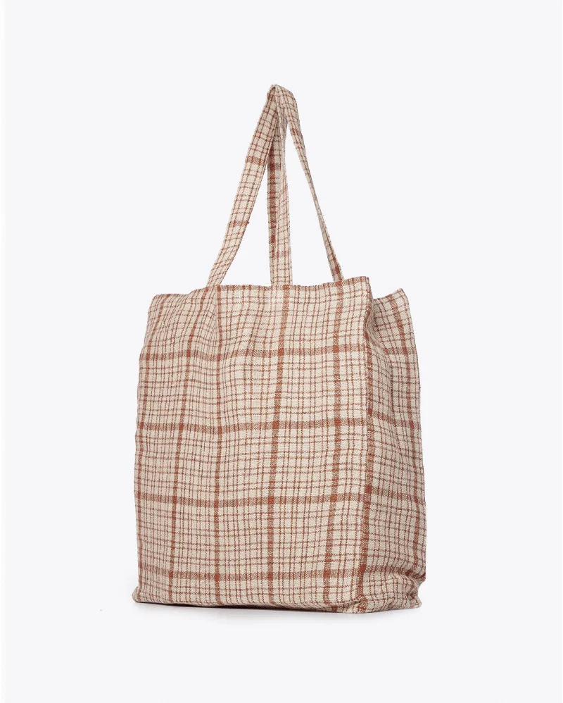GADELA tote bag in linen in natural colour with terracota stripes - 811038