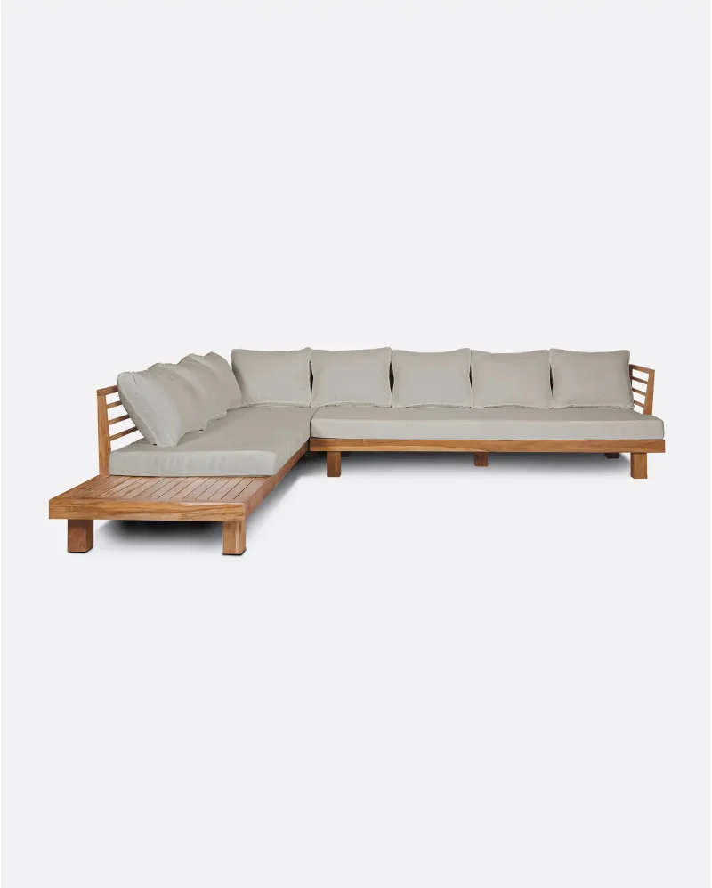 STRAUSS 4-seater left corner outdoor sofa in recycled teak wood and olefin in natural upholstery - 913233