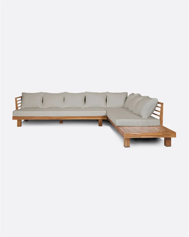 STRAUSS 4-seater right corner outdoor sofa in recycled teak wood and olefin in natural upholstery - 913243