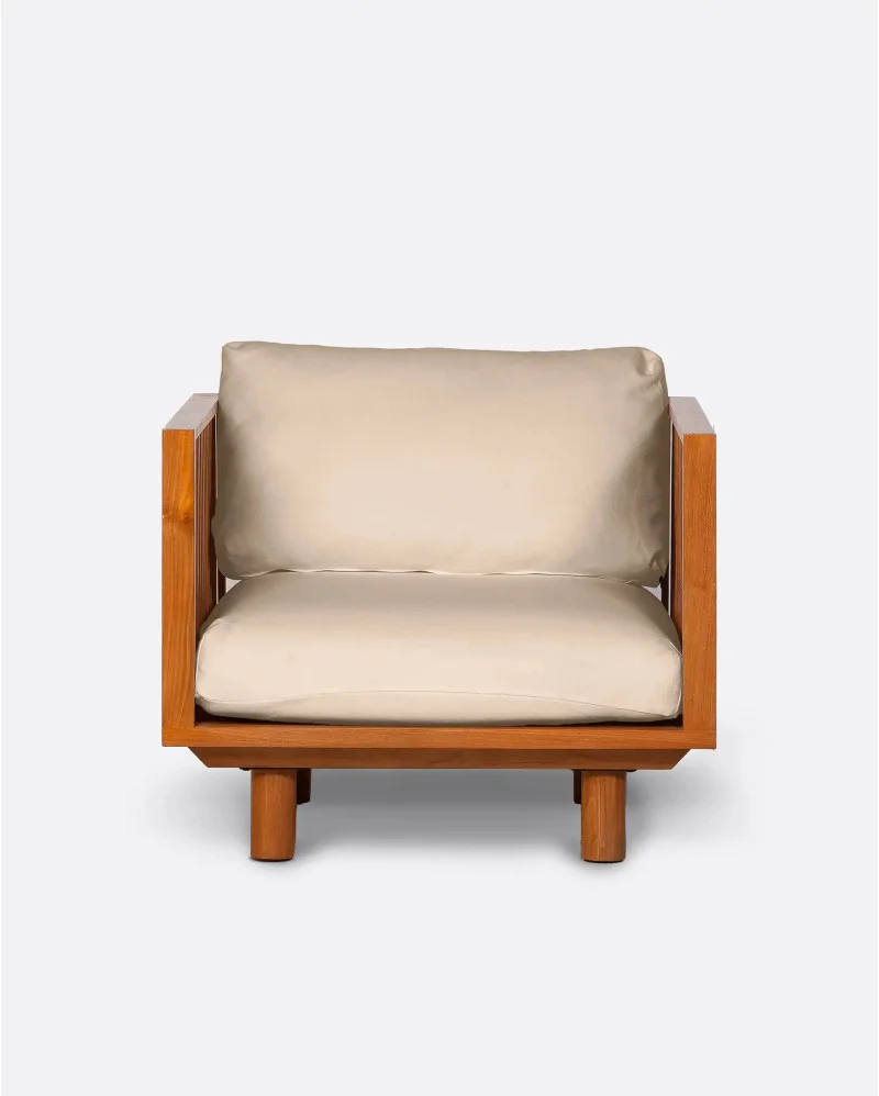 TOPRAK 1-seater outdoor sofa in teak wood and recycled olefin in natural upholstery - 913283