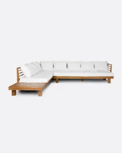 STRAUSS 4-seater left corner outdoor sofa in recycled teak wood and olefin in white upholstery - 923071