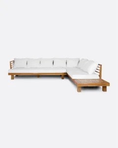 STRAUSS 4-seater outdoor sofa right corner in recycled teak and olefin wood in white upholstery - 923141