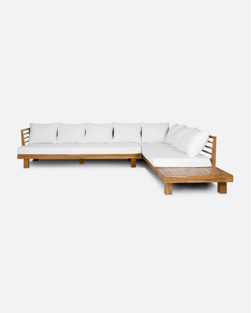 STRAUSS 4-seater outdoor sofa right corner in recycled teak and olefin wood in white upholstery - 923141