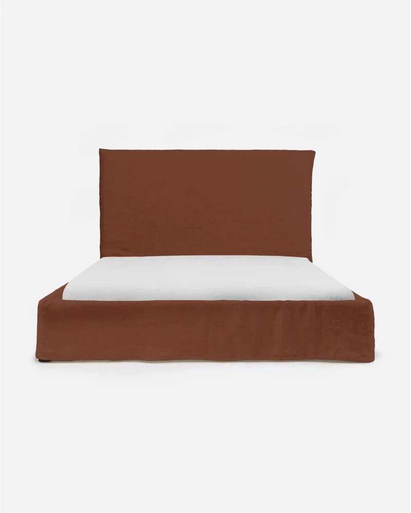 BEETHOVEN bed for mattress with linen cover in terracotta colour - 142081