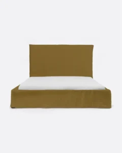 BEETHOVEN bed for mattress with linen cover in mustard colour - 142085