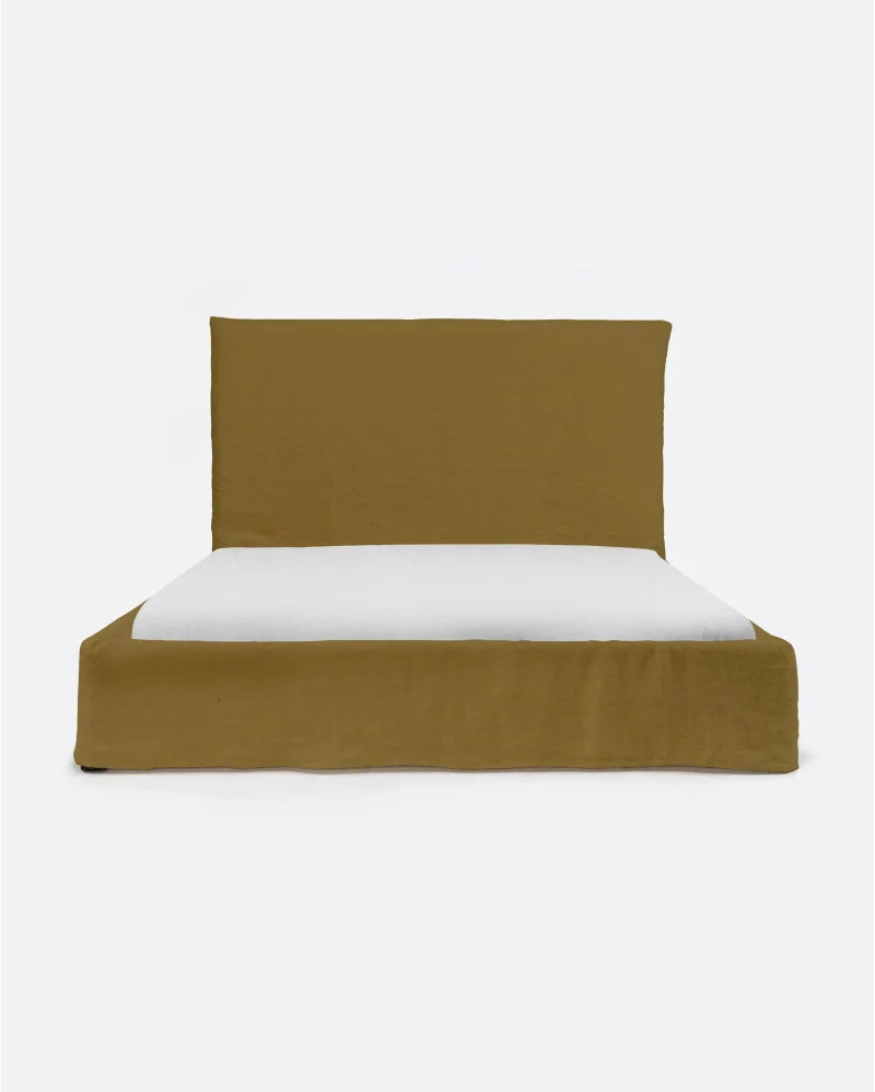 BEETHOVEN bed for mattress with linen cover in mustard colour - 142085