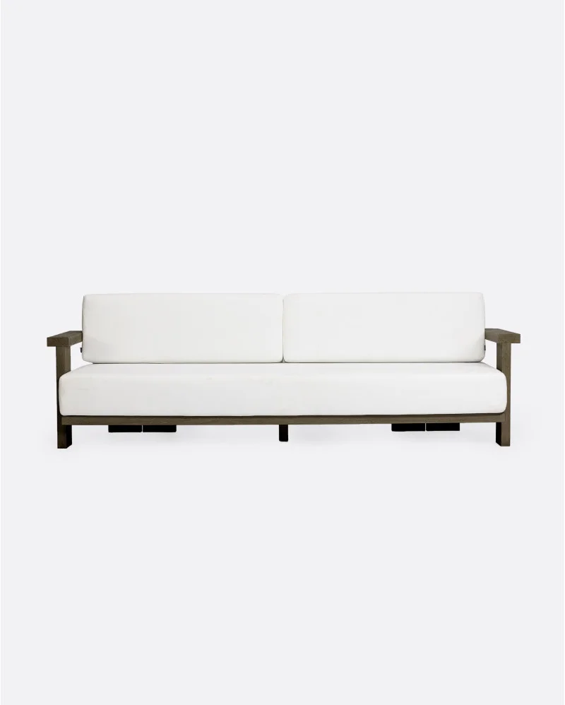 PANJANG 3/4-seater outdoor sofa in teak wood in weathered finish and white textile - 913103