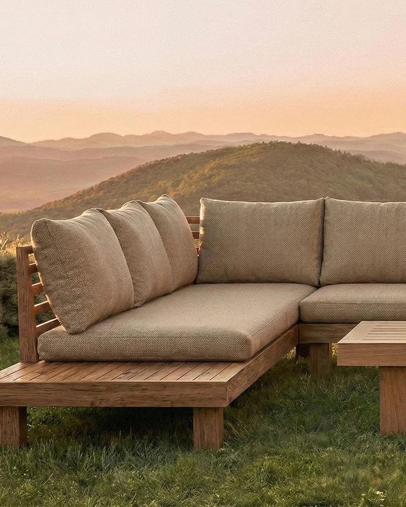 STRAUSS 4-seater left corner outdoor sofa in natural teak and olefin