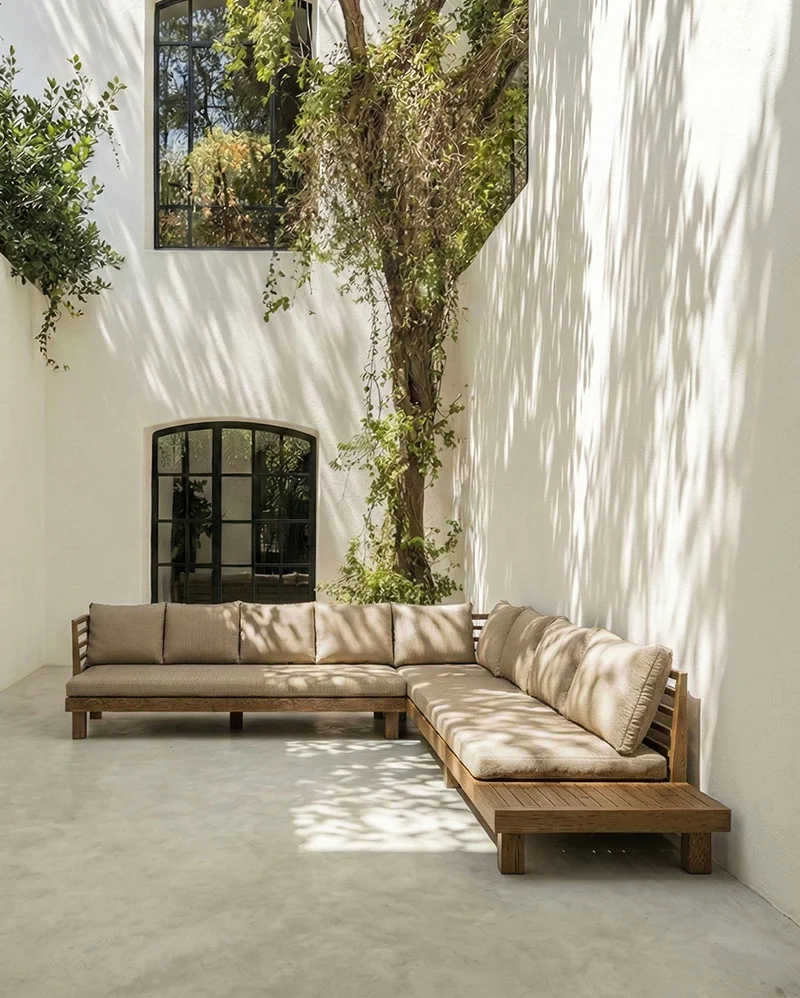 STRAUSS 4-seater right corner outdoor sofa in natural teak and olefin