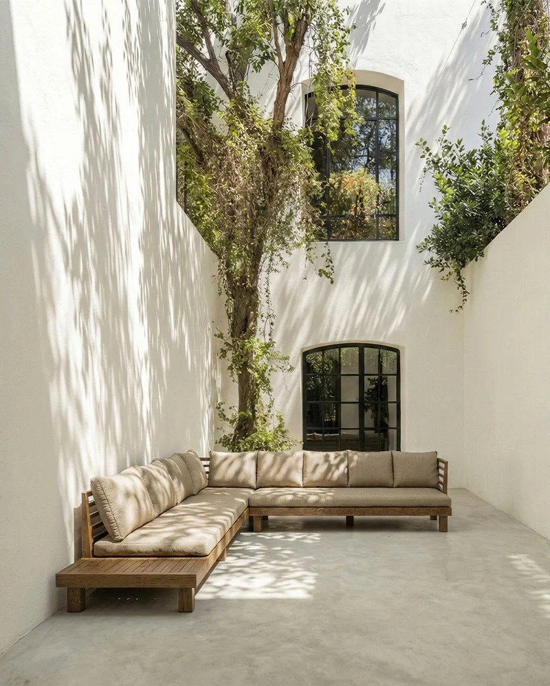 STRAUSS 4-seater left corner outdoor sofa in natural teak and olefin