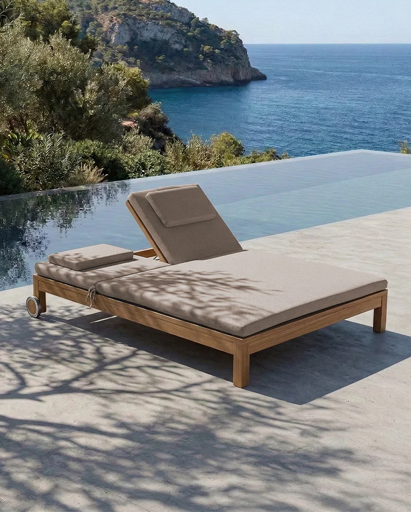 GENESIS outdoor sunbed in teak wood with a sand-coloured mattress - 913447